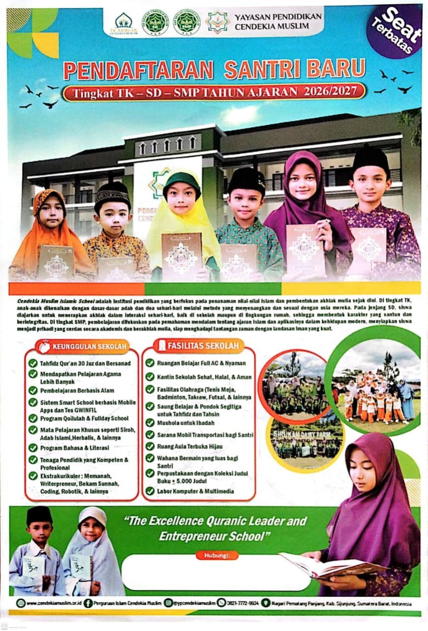 Sekolah Akhlak Cendekia Muslim Buka Pendaftaran Santri Baru Tahun Ajaran 2026–2027